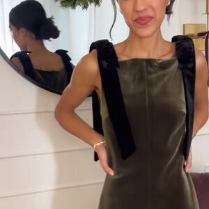 Zara Bottle Green Velvet Mini Dress Shoulder Tie, Party Must-Have Bow